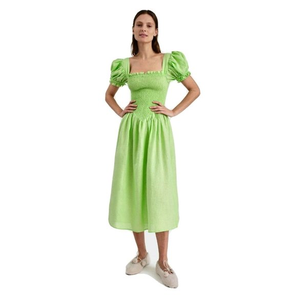 Sleeper Belle Linen Smocked Bodice Midi Dress Medium Green - Picture 1 of 11